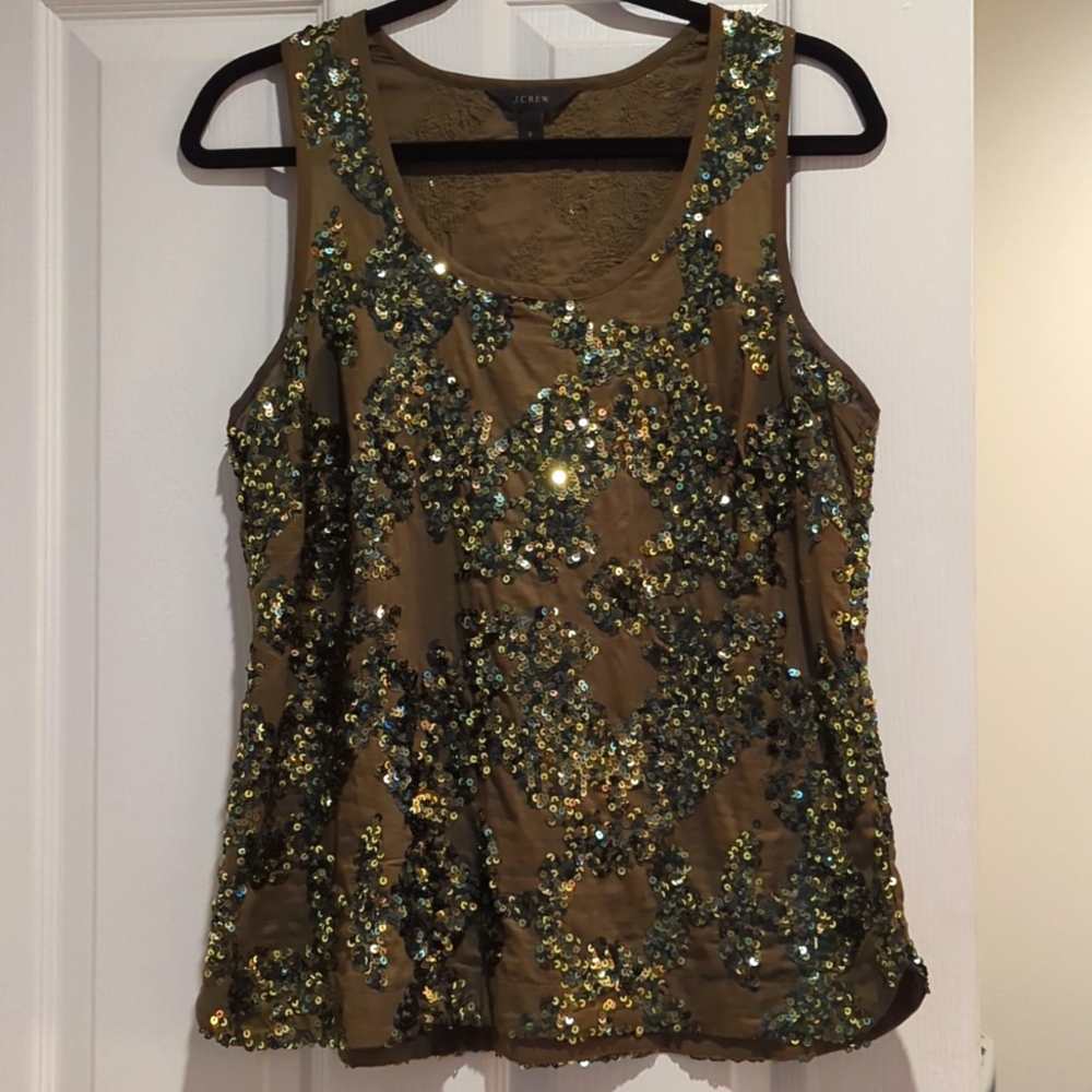 J. Crew Sequined Tank Top 8 Green Iridescent Sparkly Sleeveless Pullover